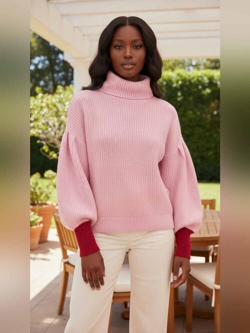 Free Assembly Pink Cotton Blend Turtleneck Sweater Red Cuffs M
